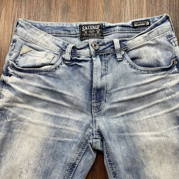 Buckle Salvage Supply Mayhem Bootcut Jeans 34x30 Light Blue Stretch Flap Pocket - Picture 3 of 11